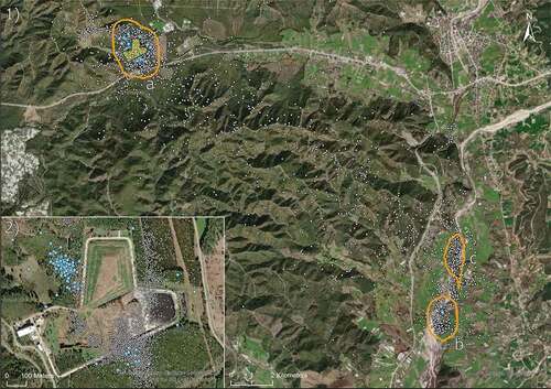 Figure 7. Roosting and foraging areas used by tagged black kite in Turkey during winter 2020/2021 and 2021/2022. White dots represent all recorded positions. Blue dots refer to night roosts. The orange polygon represents the home range estimate as kernel density estimate 95%. The yellow polygon highlights the location of the landfill in 1) which is visible in detail in 2), a – landfill, b – and c – Koca Çay River.