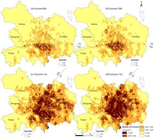 Figure 4. Spatial distribution of the spatial-temporal dynamics of evacuees in the central area of Beijing. The inverse distance weighting (IDW) method was adopted to clarify spatial distribution. Source: the authors.
