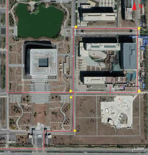 Figure 12. Location Map of Base Stations and Control Points: In the Figure, the red line is part of the driving route, the yellow circle is the GNSS base station (WGS84), and the yellow Pentagram is the control point