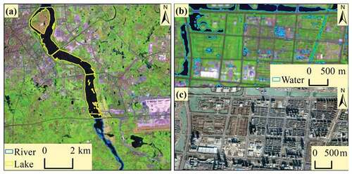 Figure 10. Uncertainty example. (a) MSI image (R: Band12, G: Band8, B: Band4) and classification results based on geometric features in Haikou. (b) MSI image (R: Band12, G: Band8, B: Band4) and water bodies in Yinchuan. (c) Google Earth image of the same location as (b) in Yinchuan.
