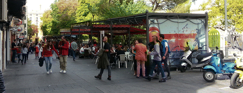 Figure 3. A wide pedestrian street accommodates outdoor seatings with shades.