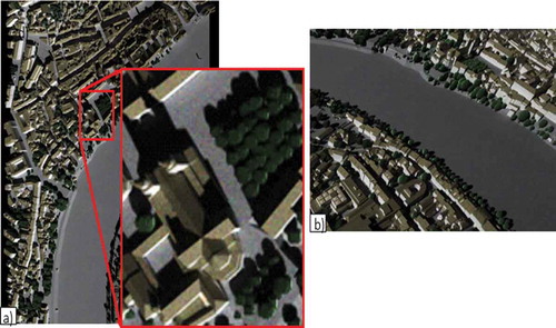 Figure 3. DART-simulated images of Basel at 50 cm resolution, with optical properties taken from the DART database. (a) Pushbroom image with zoom. (b) Camera image.