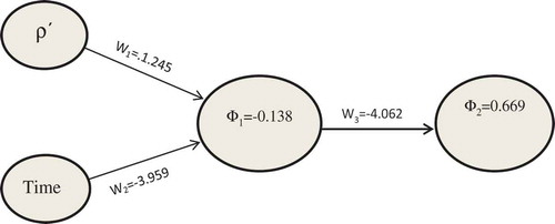 Figure 1. Structure of the ANNs, weights, and threshold-level details for the optimal model division (81 14 5).