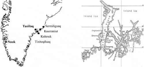 Figure 1. Locations in East-Greenland of the Høygaard study 1936–1937