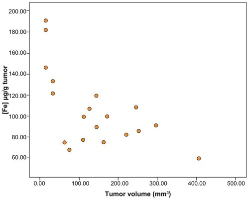 Figure 5 Scatter plot of the tumor volume of the infused rats against [Fe] in μg·g−1, determined using ICP-MS.Note: The measured iron tissue concentration is higher in the smallest lesions.