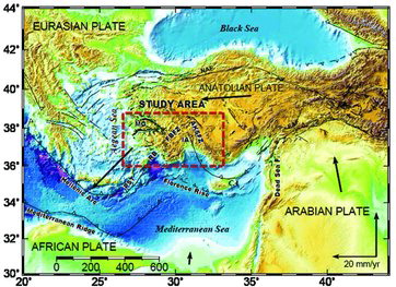 Figure 1. Neotectonics map of Turkey and the study area (compiled from, Dewey et al. 1986; McClusky et al. Citation2000; ten Veen et al. Citation2009, and Hall et al. Citation2009). MG: Menderes graben system, CA: Cyprus arc, NAF: North Anatolia fault, EAF: East Anatolian fault, RB: Rhodes basin, PST: Pliny–Strabo trench, IA: Isparta Angle, FBFZ: Fethiye–Burdur fault zone, AKSFZ: Aksehir Simav fault zone.