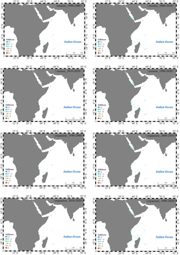 Figure 9. Hotspot distribution of island area changes in the eastern African waters.