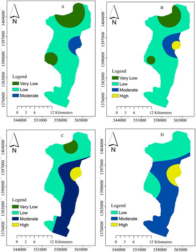 Figure 10. Current and future spatial and temporal variation of climate change induced forest fire under RCP 8.5 (A) baseline, (B) 2021–2039, (C) 2040–2069, and (D) 2070–2099.