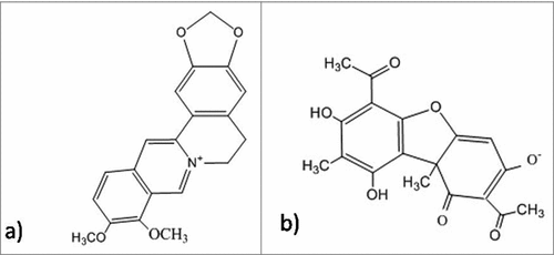 Figure 4. Structure of anti biofilm molecules that disassemble the biofilm. (a) BerberineCitation271, (b) Usnic acidCitation272.