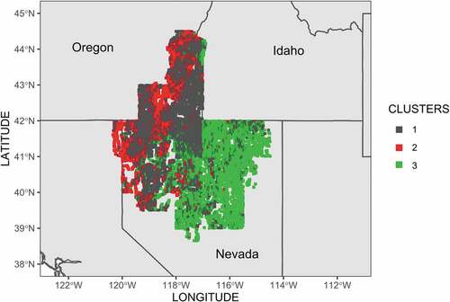 Figure 4. Map from the location from which each sample was collected. Cluster 1 = gray, Cluster 2 = red and Cluster 3 = green.