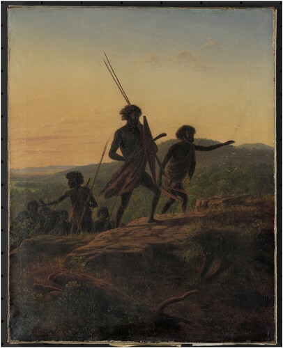Figure 4. Eugene von Guérard, ‘Natives chasing game’ [Aborigines in Pursuit of Their Enemies] 1854, oil on canvas, 46.5 × 37.0 cm. Rex Nan Kivell Collection, National Library of Australia, Canberra.