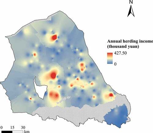 Figure 6. Distribution map of annual herding income of herders in Damao County.