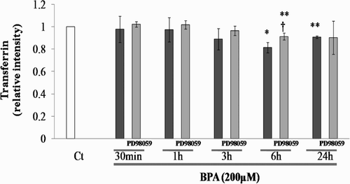 Figure 2.  Relative intensity of transferrin levels in rat SC cultured with BPA in the presence or absence of specific ERK activity inhibitor, PD98059 (10 µmol/l) compared with the control (Ct), set at a value of 1. *: p < 0.05; **: p < 0.01; significantly different from the Ct value. †: p < 0.05; significantly different from the increases obtained with BPA only.