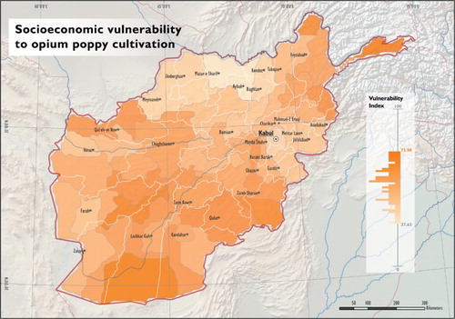 Figure 3. Homogeneous regions of socio-economic vulnerability to opium poppy cultivation in Afghanistan, province borders are overlain in white colour.