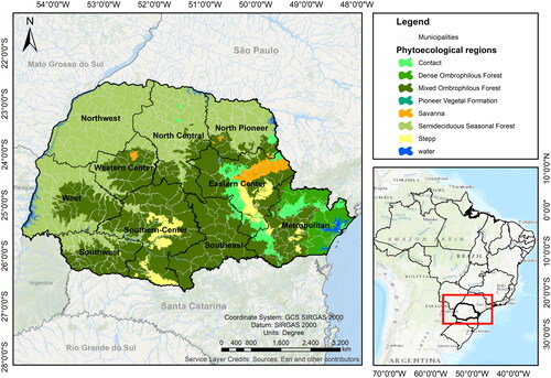 Figure 1. Paraná phytoecological regions: Dense Ombrophilous Forest, Mixed Ombrophilous Forest, Semideciduous Seasonal Forest, Pioneer Vegetal Formation, Savanna (Cerrado), Steppe (Campos Sulinos), Water and Areas of Ecotone (Contact zones).