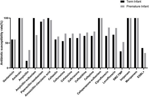 Figure 2 Antimicrobial susceptibility of all isolated E. coli from term and premature infants. There is no significant difference between the two groups.