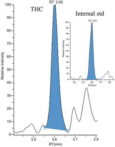 Figure 3. Chromatograms from liquid chromatography-tandem masspectrometry analysis of an exhaled breath extract containing 1,080 pg tetrahydrocannabinol.