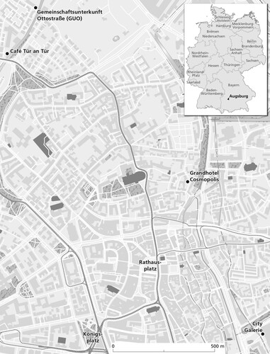 Figure 1. Map of the inner-city of Augsburg, including the location of the two case studies and several public and semi-public spaces mentioned by interviewees.