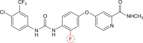 Figure 1 Chemical structure of sorafenib: 4-(4-[{(4-chloro-3-[trifluoromethyl] phenyl)carbamoyl}amino]-3-phenoxy)-N-methylpyridine-2-carboxamide.