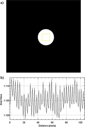 Figure 3. Analysis of the calibration rod with length 5 mm. (a) Negative logarithmic image of the relative intensity I/I0, i.e. αx. Note the box indicated in the picture. (b) The quantity αx (grey value) along the horizontal direction starting from the left side of the yellow box in (a).