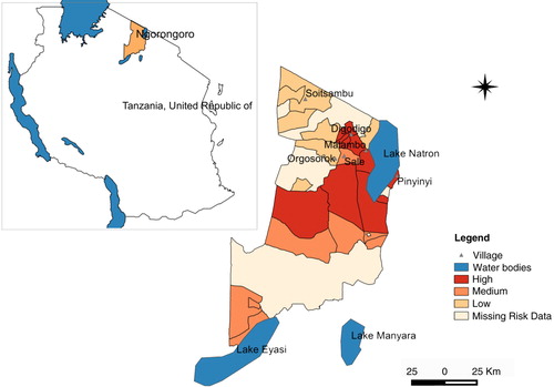 Fig. 2 Map of Ngorongoro district indicating level of impact due to RVF epidemic in 2006–2007 as distributed in three levels of risk, high, medium, and low.