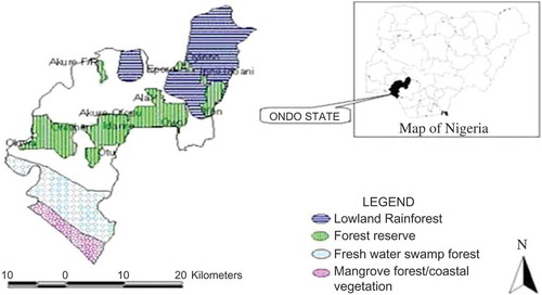 Figure 1. Map of Ondo State showing forest locations with map of Nigeria in inset.