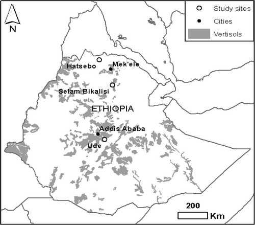 Figure 1. Map of Ethiopia with the three study sites. The major areas with Vertisols are in grey (FAO et al. 1998). Note that Vertisols in the Hatsebo study site are not in what is considered a main Vertisol area but have been studied and considered true Vertisols (Gebretsadikan et al. Citation2009).