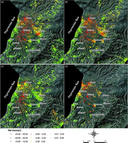 Figure 3. Input PSI data available for the Gioia Tauro Plain: (a) ERS1/2 ascending (1992–2000); (b) ERS1/2 descending (1992–2001); (c) ENVISAT ascending (2002–2006); (d) ENVISAT descending (2003–2006). PSI data overlap onto a 20 m DEM hillshade and digital ortophoto from Volo ITALIA 2000. A 50% transparency has been set on the ortophoto layer.