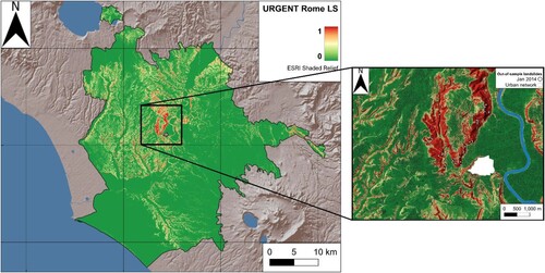 Figure 9. Urban-scale landslide susceptibility of Rome (namely URGENT Rome) derived with the tuned Extra Trees Classifier (left). A detailed example of Monte Mario hill with superimposed the event-based test samples (right).