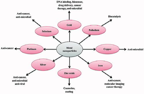Figure 1. Different types of metal nanoparticles (MNPs) and their applications in biotechnology [Citation8].