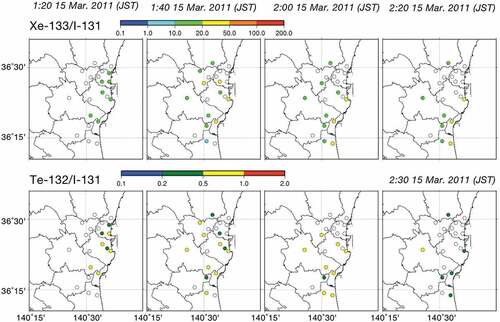 Figure 11. The spatial distribution of Xe-133/I-131 and Te-132/I-131 in Plume P2A.