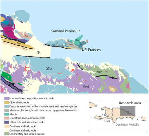 Figure 3. Overview of the Samaná peninsula, surrounding area and geologic map showing the location of El Frances (Geologic map; modified from Wilson, Orris, and Gray 2019).