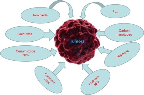 Figure 1 Metallic and nonmetallic nanomaterials that act as active medicine or drug additive in tumor therapy through their innate antitumor properties.Abbreviations: NMs, nanomaterials; NPs, nanoparticles.