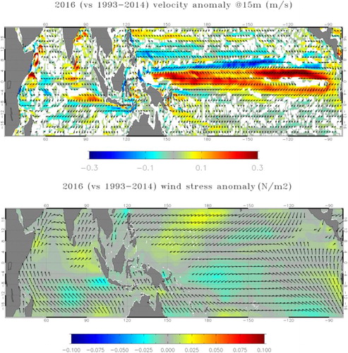 Figure 1.3.2. Upper panel: current velocity anomaly near 15 m (m/s) in 2016, with respect to the 1993–2014 climatology computed from the GLORYS reanalysis at ¼° CMEMS product reference 1.3.1 (colour shading, NB: only significant deviations are shown, which are greater than one standard deviation of the interannual variability, computed on the 1993–2014 period omitting 1997 and 1998); direction of the 1993–2014 climatological currents computed from CMEMS product reference 1.3.1 (black vectors). Lower panel: ECMWF ERA-interim wind stress anomalies (N/m2) with respect to 1993–2014 wind stress climatology (colour shading), and direction of the 1993–2014 climatological wind stress (black vectors).