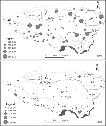 Fig. 3 Distribution of groundwater nitrate concentrations (mmol L−1) in the Jinghuiqu Irrigation District in 1990 (top) and 2009 (bottom).