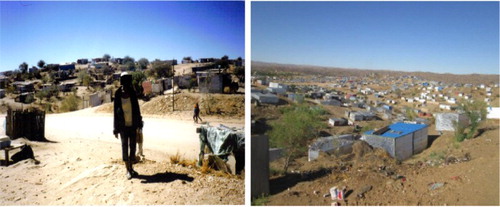 Figure 2. Photos of informal settlements: pre- and post-survey period. (a) Informal settlements in 2004 (b) Informal settlements in 2014Source: Karuaihe (2004).Source: Nangombe (Citation2015).