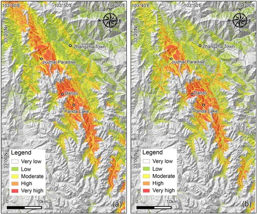 Figure 14. Post-seismic landslide susceptibility calculated by conventional landslide susceptibility model. (a) 2017–2019, (b) 2019–2020.