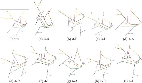 Figure 4. Examples of Sydney generated with objective function weights (f1,f2,f3)=(3,2,1) for different k∈{3,4,5} and aligned (k-A), regular (k-R) and irregular (k-I) orientation systems. All shown instances reached the time-out limit of 1 h.
