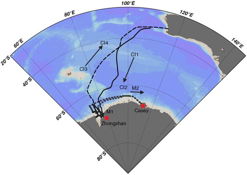 Fig. 1  Cruise tracks and sampling locations. The solid line represents the leg from Fremantle, Australia, to China's Zhongshan Station (CI1, CI2) in Antarctica; the dotted line represents the legs between Zhongshan Station and Australia's Casey Station (M1, M2); the dashed line represents the leg from Zhongshan Station to Fremantle (CI3, CI4).