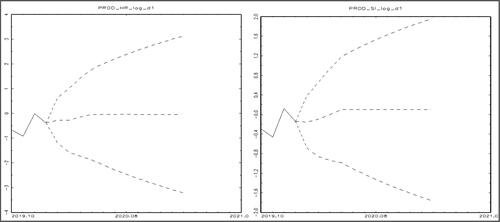 Figure 7. Prediction of labour productivity (PROD) for Croatia and Slovenia.Notes: PROD_HR_lpg_d1 – forecast for Croatia; PROD_SI_lpg_d1 – forecast for Slovenia.Source: author's calculation.