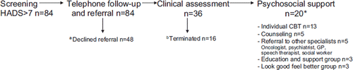 Figure 2. Flowchart of the intervention group, i.e. screening, follow-up, clinical assessment and psychosocial support for patients with anxiety or depression symptoms at baseline, HADS >7 No need (Űn = 25, Űn = 9), already established support (Űn = 6 Űn = 3), treatment in hometown or too far to travel (Űn = 6 Űn = 1), gave no reason (Űn = 5), not interested (Űn = 4), poor health (Űn = 2 Űn = 3). *Some patients (n = 9) used two support activities.
