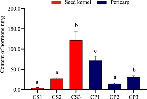 Figure 5. Change of content in ABA between seed kernel and pericarp. Data represent the average of three replicates (n = 3) ± standard erro r. Different letters indicate significant differences by Duncan’s Multiple Range Test at p ≤ 0.05.