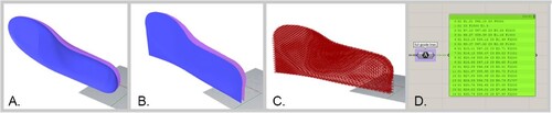 Figure 7. The toolpath for the insole is generated by importing the surfaces of the shoe footbed (purple) and of the user’s foot (blue) (A). The surfaces are extended to support the overhang geometry in the heel and toe regions (B). The zig-zag toolpath is applied between the surfaces (C). Finally, the toolpath is translated to g-code commands (D).