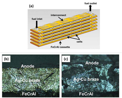 Figure 7. (a) graphic design of 600 W class FT-SOFC stack, (b) microstructures of Ag-Cu braze after preparation (c) after 1000 h testing. Reproduced with permission from [Citation137]