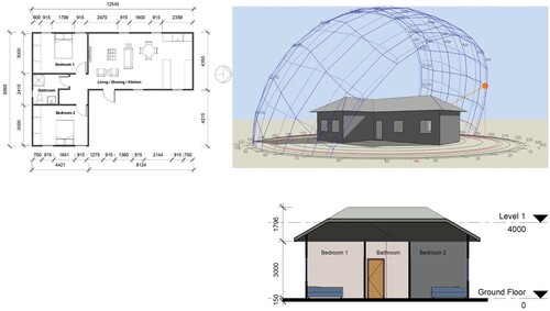 Figure 7. Floor plan, 3D model and Section of case study building using DB.