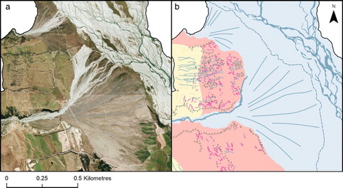 Figure 7. Laterally coalescing alluvial fans from Black Birch Creek and Bush Stream. (a) Aerial imagery. (b) Mapped features.