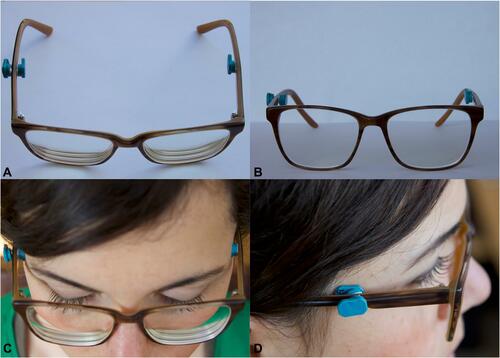 Figure 1 (A and B) Spectacle frames with three attached TM’s. (C and D) Attachment of two TM’s to both inner sides of the spectacle frame located preauricular at the height of the temporal region with direct contact to the skin surface. The third TM was attached to the right outer side of the spectacle frame without having contact to the subjects’ skin surface.