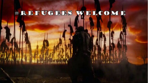 Figure 3. Movie scene from Dracula Untold with the caption ‘#Refugees welcome’.