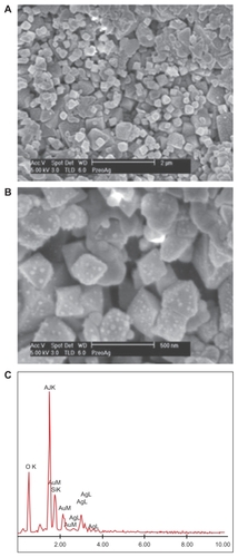 Figure 2 (A) Top view of the zeolite part of the silver-loaded zeolite/alumina membrane by scanning electron microscopy. (B) Magnified image of the top view of A showing discrete Ag particles on the zeolite. (C) Elemental analysis of the silver nanoparticles embedded in zeolite membranes, showing the presence of Ag, Si, and Al.