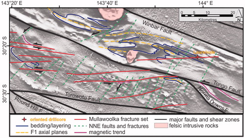 Figure 16. Structural interpretation of the southwest part of the WSD on a grey-scale 1VD RTP magnetic intensity image (white corresponds to high magnetic intensity); see Figures 9 and 15 for position.